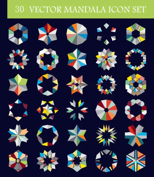 Vector illustration of 30 Vector colorful mosaic textured hexagon buttons mandalas icon set