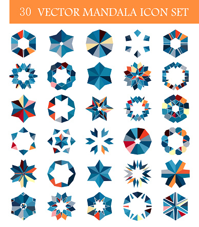 30 Vector colorful mosaic textured hexagon floral mandalas button icon set collection for design