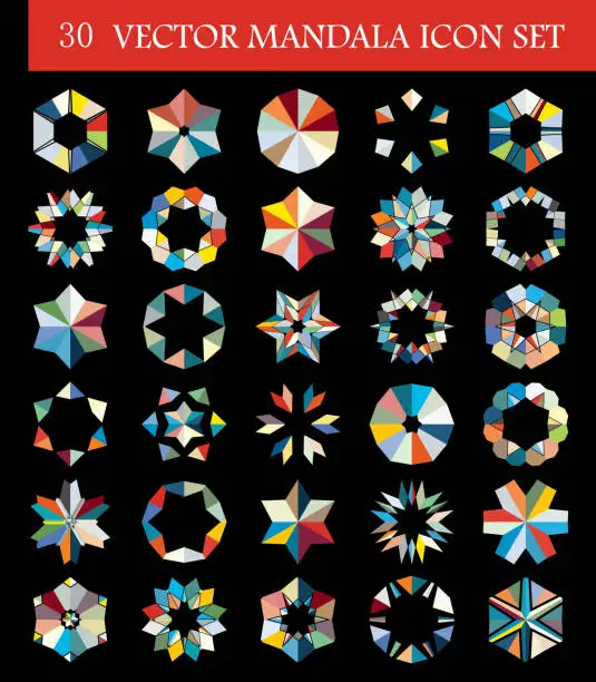 Vector illustration of 30 Vector colorful mosaic textured hexagon floral mandalas button icon set collection for design