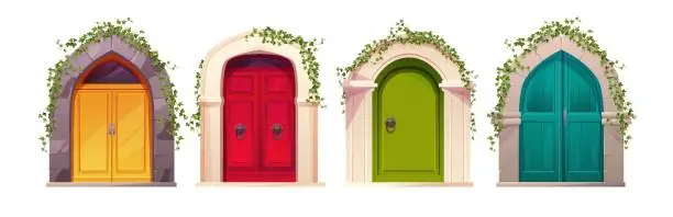 Vector illustration of Wooden bright doors with handle, arch and ivy plant. Entrance, gate in a castle, church or house.