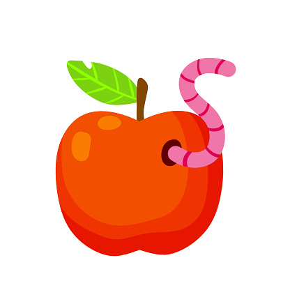 Manzana roja con una hoja verde con gusano divertido vector gratis Manzana roja con una hoja verde con gusano divertido vector gratis