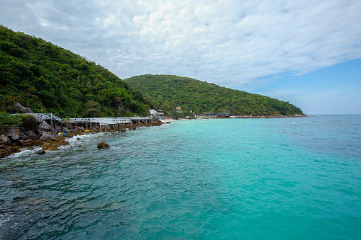 White wooden bridge and beautiful scenery at Sangwan Beach,Koh Larn,Pattaya,Chonburi,Eastern Thailand