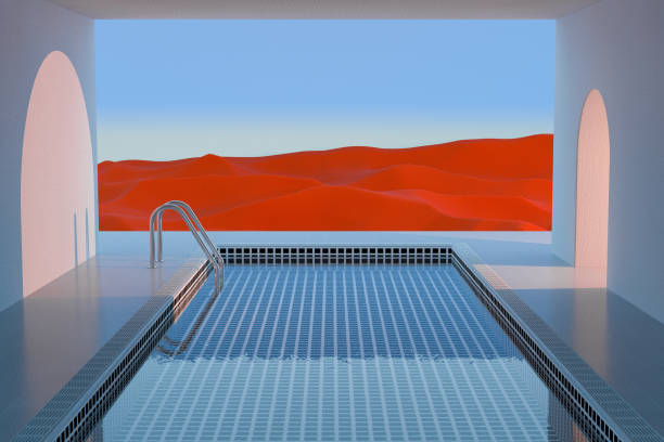 istock Minimalistic Empty White Room with a Water Swimming Pool and an Abstract Surreal Red Desert Environment. 3d Rendering 1360299035