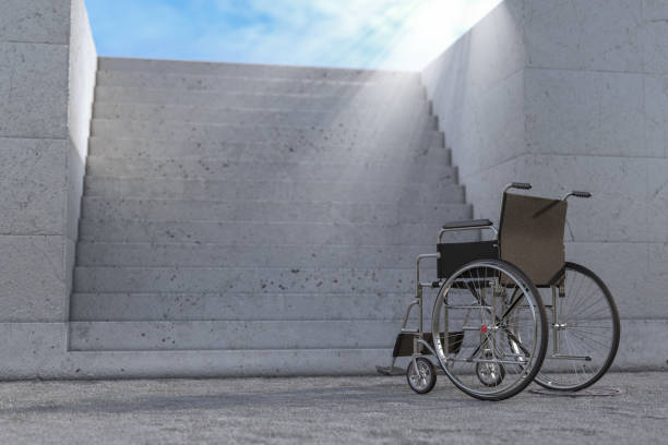 istock Empty Wheelchair in Front of Concrete Stairs. 3d Rendering 1360299057