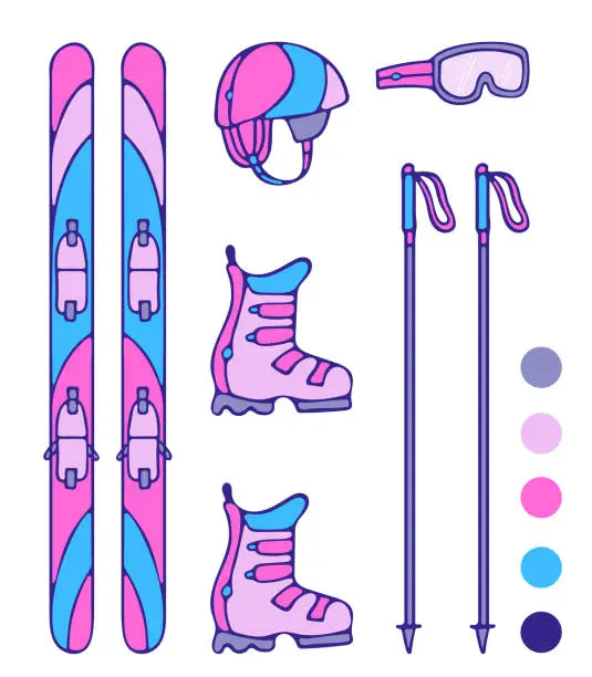 Vector illustration of Set of ski equipment vector doodle illustration. Skis, ski boots, ski poles, helmet, glasses in trend colors of 2022.