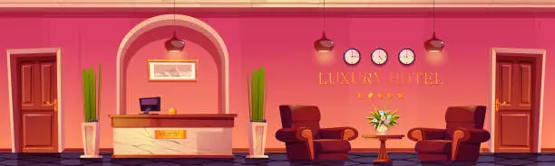 Vector illustration of Luxury hotel lobby with reception desk and flowers