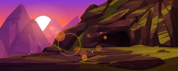 Vector illustration of Mountains with entrance to dark cave at sunset