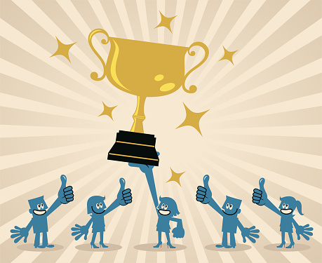 Blue Little Characters Vector Art Illustration.
Successful female business leader lifting a trophy leading a team.