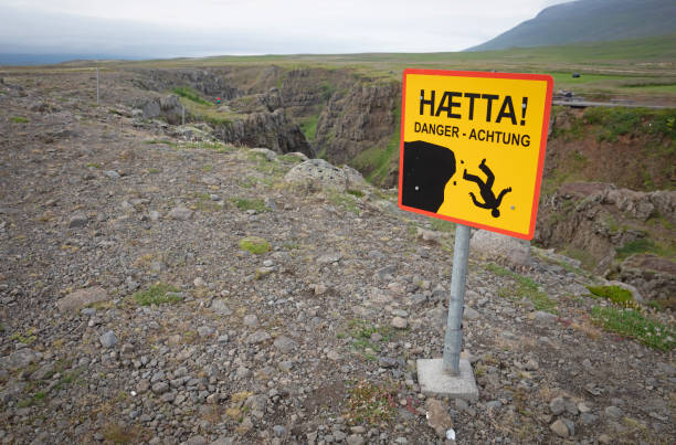 Yellow danger sign in Iceland - Warning of steep cliffs