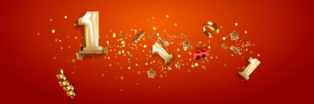 istock First Anniversary celebration. Golden number 1 with sparkling confetti, stars, glitters and streamer ribbons. Vector festive illustration. 1360306812