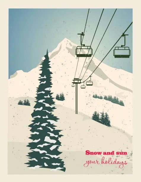 Vector illustration of Winter landscape with ropeway station and ski cable cars. Snowy country scene vector illustration. Ski resort concept. For websites, wallpapers, posters or banners