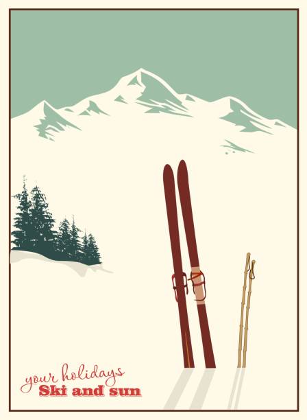 vintage winter ski poster. skifahren mit stöcken, die auf einem hintergrund verschneiter berge herausragen. - ski stock-grafiken, -clipart, -cartoons und -symbole