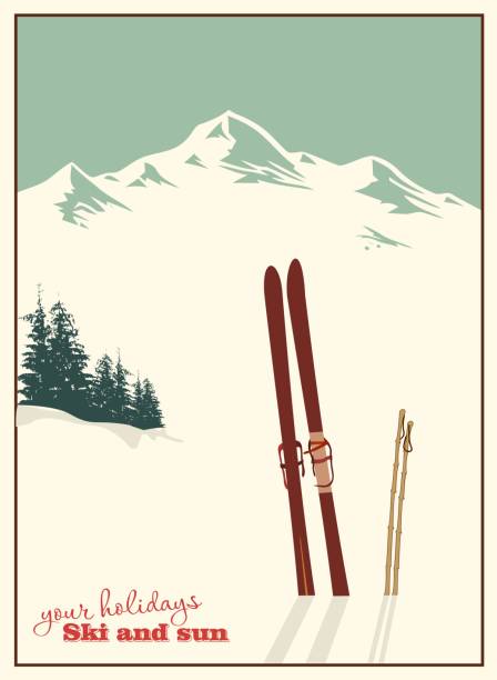 illustrazioni stock, clip art, cartoni animati e icone di tendenza di poster di sci invernale vintage. sci alpino con bastoncini che sporgono su uno sfondo di montagne innevate. - sci
