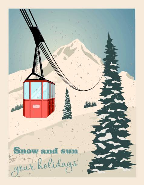Winter landscape with ropeway station and ski cable cars. Snowy country scene vector illustration. Ski resort concept. For websites, wallpapers, posters or banners.