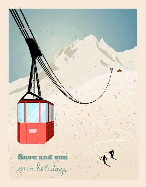 Vector illustration of Winter landscape with ropeway station and ski cable cars. Snowy country scene vector illustration. Ski resort concept. For websites, wallpapers, posters or banners