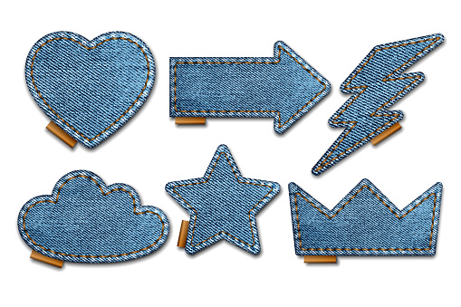 Set of blue denim patches with stitches. Light blue denim. Patches of different shapes as heart, star, arrow, cloud, crown and lightning. Vector realistic illustration on white background.