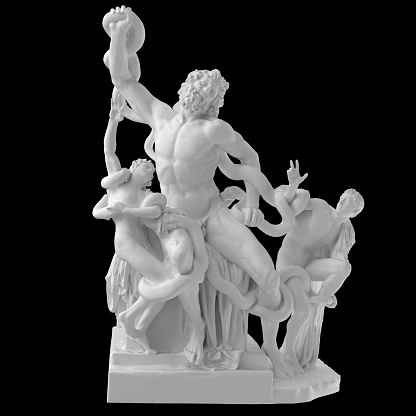 Laocoon and his sons isolated on a black background. 3d image.