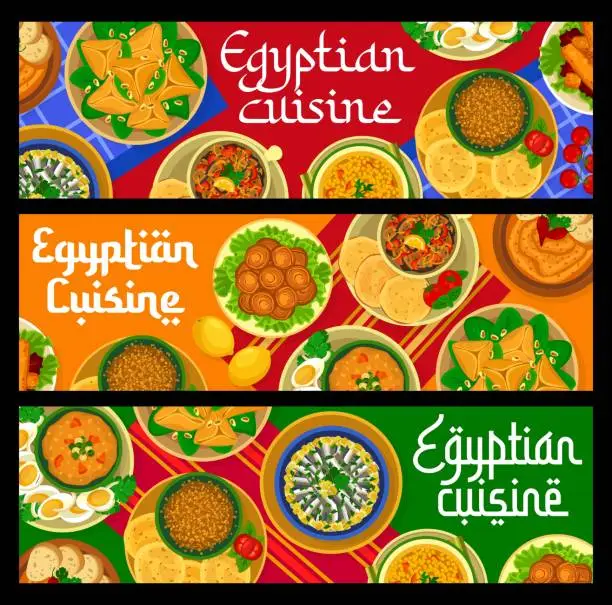 Vector illustration of Egyptian cuisine food banners, Arab dishes, meals