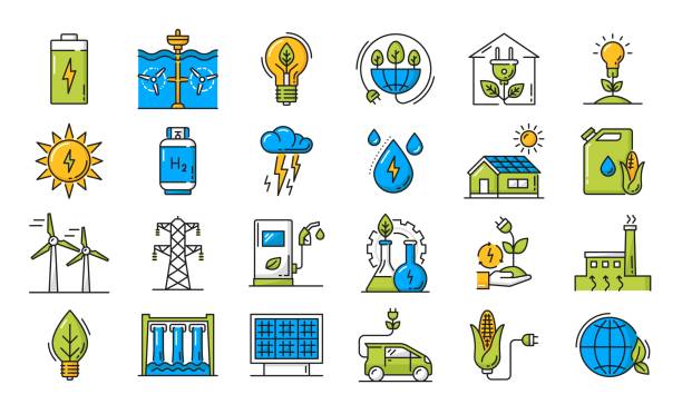 Environment and clean green energy line icons Environment and clean green energy line icons. Green technology of electricity and bio fuel production outline vector icons set with electric car, solar, wind and hydro power station, geothermal plant energy stock illustrations