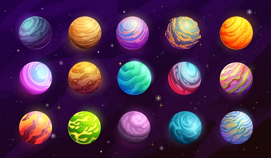氷、水、溶岩を持つ漫画の宇宙惑星 - イラスト素材...