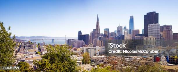 Wide Elevated Panoramic View Of Downtown San Francisco On A Sunny Autumn Morning Stock Photo - Download Image Now