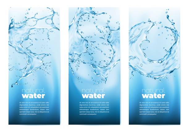 Natural clean water realistic transparent splashes Natural clean water. Realistic transparent blue water splashes with drops and waves. Vector liquid aqua abstract background with dynamic motion and spray droplets. Hydration, fresh 3d soda drink water stock illustrations
