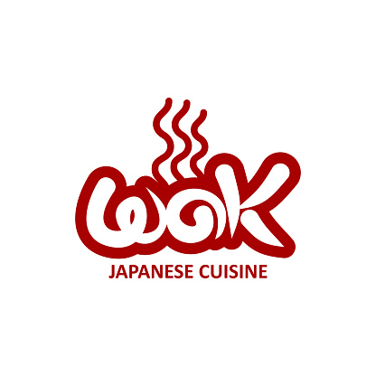Steaming wok pan icon, Chinese and Japanese cuisine noodles bar vector emblem. Asian restaurant sign with wok bowl pan and steam of ramen or udon noodles, menu design
