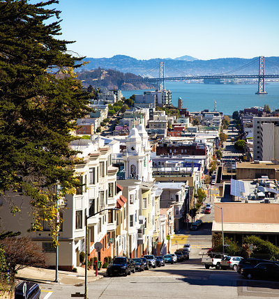 San Francisco Nob Hill view looking towards Bay Bridge on a sunny Autumn morning.