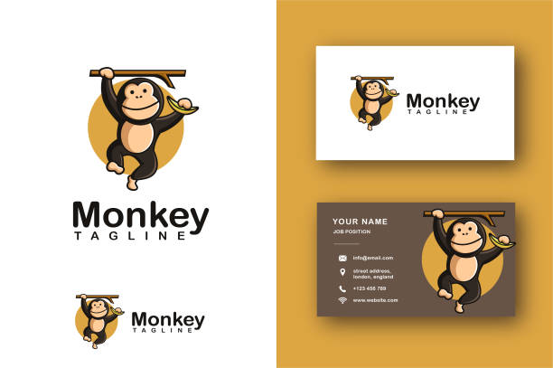 ilustraciones, imágenes clip art, dibujos animados e iconos de stock de divertido mono swing juguetón sosteniendo el logotipo del plátano icono vectorial de la mascota dibujos animados y la plantilla de tarjeta de visita - play the ape