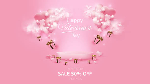 illustrazioni stock, clip art, cartoni animati e icone di tendenza di podio rosa per l'esposizione dei prodotti con elementi di san valentino e modello di banner. - romantic scene