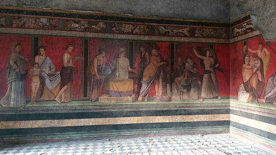 Famous frescoes of the Villa of the Mysteries in Pompeii, which tell the initiation rites of a bride to the god Dionysus.