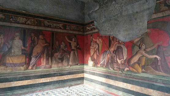 Famous frescoes of the Villa of the Mysteries in Pompeii, which tell the initiation rites of a bride to the god Dionysus.