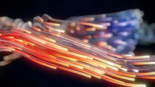 Photo of glowing glass trails. fiber optic technology concept with multiple lines. 3d illustration