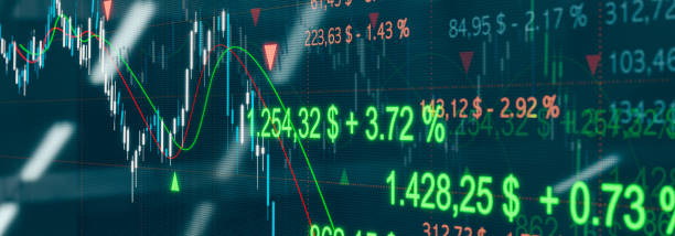 Trading screen from the stock exchange with candlestick chart, prices, index quotes and index moving average lines. Some reflections on the monitor. Stock exchange concept, 3D illustration shareholders meeting stock pictures, royalty-free photos & images