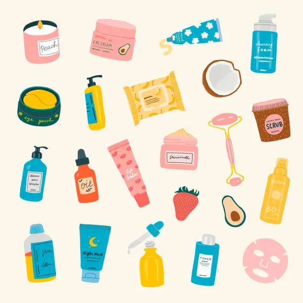 Vector illustration of Skincare products illustration. Facial mask, scrub, moisturizer, hand cream, eye patch, serum, toner, lip balm, cleansing foam.