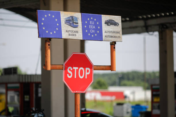 The land border and customs between Bulgaria and Romania. Giurgiu, Romania - July 1, 2021: The land border and customs between Bulgaria and Romania. schengen agreement stock pictures, royalty-free photos & images