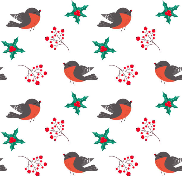 istock Seamless pattern with bullfinch, holly leaves and sprig of red berries. 1360325833
