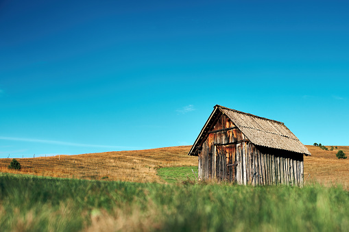 Traditional wooden cottage in south-west Serbia in mount Zlatibor region, early autumn morning