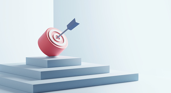 Blue arrow hit the center of target or goal of success on top of the staircase. Business target achievement concept, minimal, 3d render.