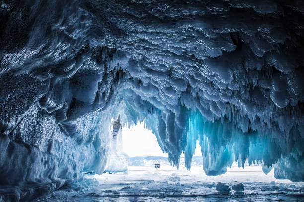 icy cave. winter fabulous new year's image. - lake baikal lake landscape winter imagens e fotografias de stock