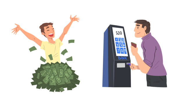 istock Rich and Wealthy Man Character in Dollar Banknotes Pile and Withdrawing Cash at ATM Vector Set 1360328288
