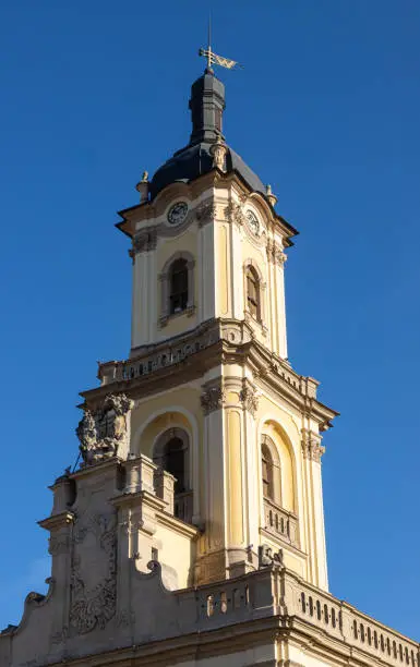 Beautiful Old Buchach City Hall, joint work of architect Bernard Meretyn and sculptor Johann Georg Pinsel. Buchach city. Western Ukraine.