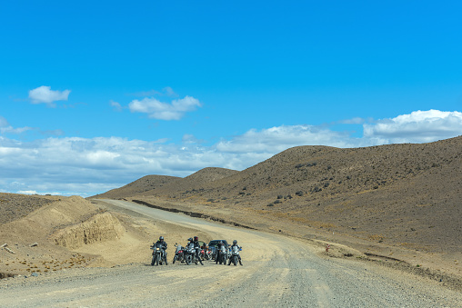 el chalten, argentina-february 06, 2020:  Group of motorcyclists on road 41 near El Chalten, Patagonia, Argentina