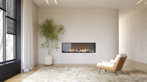 istock Interior of modern living room with fireplace 3D rendering 1360329656