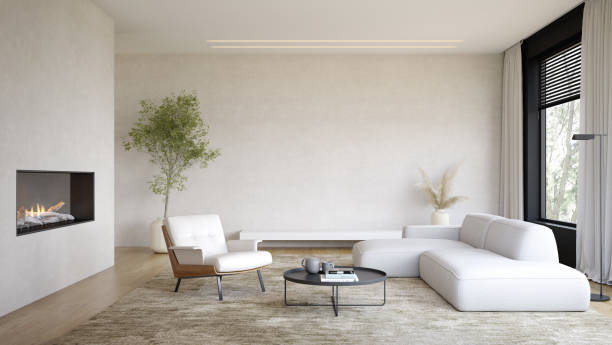 istock Interior of modern living room with fireplace 3D rendering 1360329681