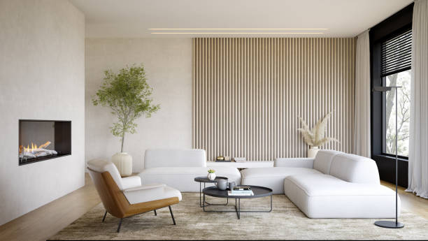 istock Interior of modern living room with fireplace 3D rendering 1360329682