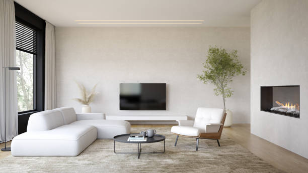 istock Interior of modern living room with fireplace 3D rendering 1360329687