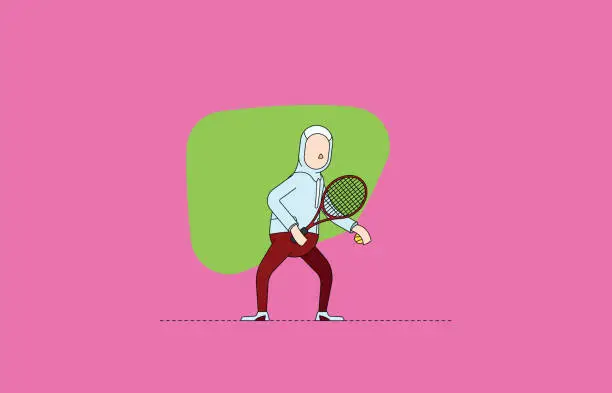 Vector illustration of Professional woman athlete with headscarf competing in international tennis competition. Colorful illustration with vibrant pink and green background.