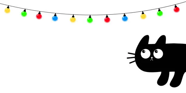 Vector illustration of Cat kitten peeking around the corner. Christmas lights set. String fairy light. Lightbulb glowing garland. Kawaii cute cartoon pet. Merry Christmas. Greeting card print. Flat design. White background.