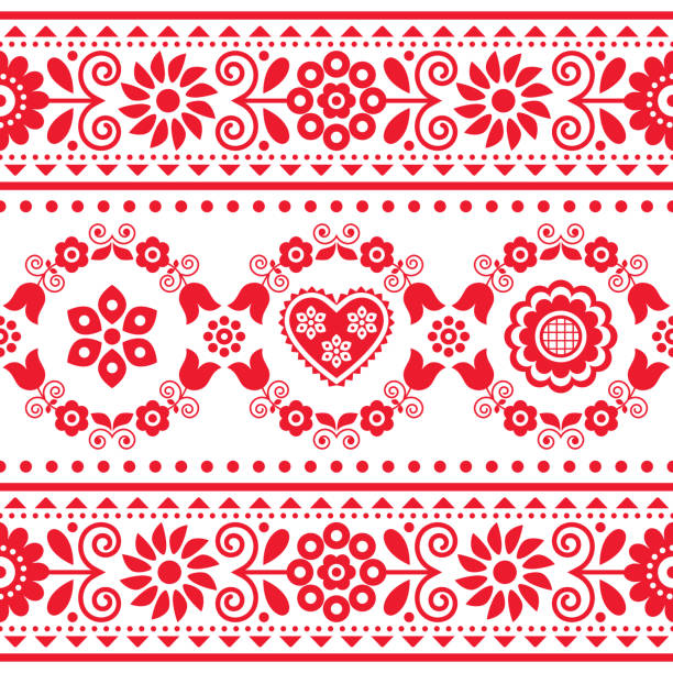 Polish ethnic vector seamless embroidery pattern with floral morif inspired by folk art embroidery Lachy Sadeckie - textile or fabric print ornament Traditional repetitive background or wallpaper in red and white, old design from mountains in Nowy Sacz, Poland - love concept slavic culture stock illustrations
